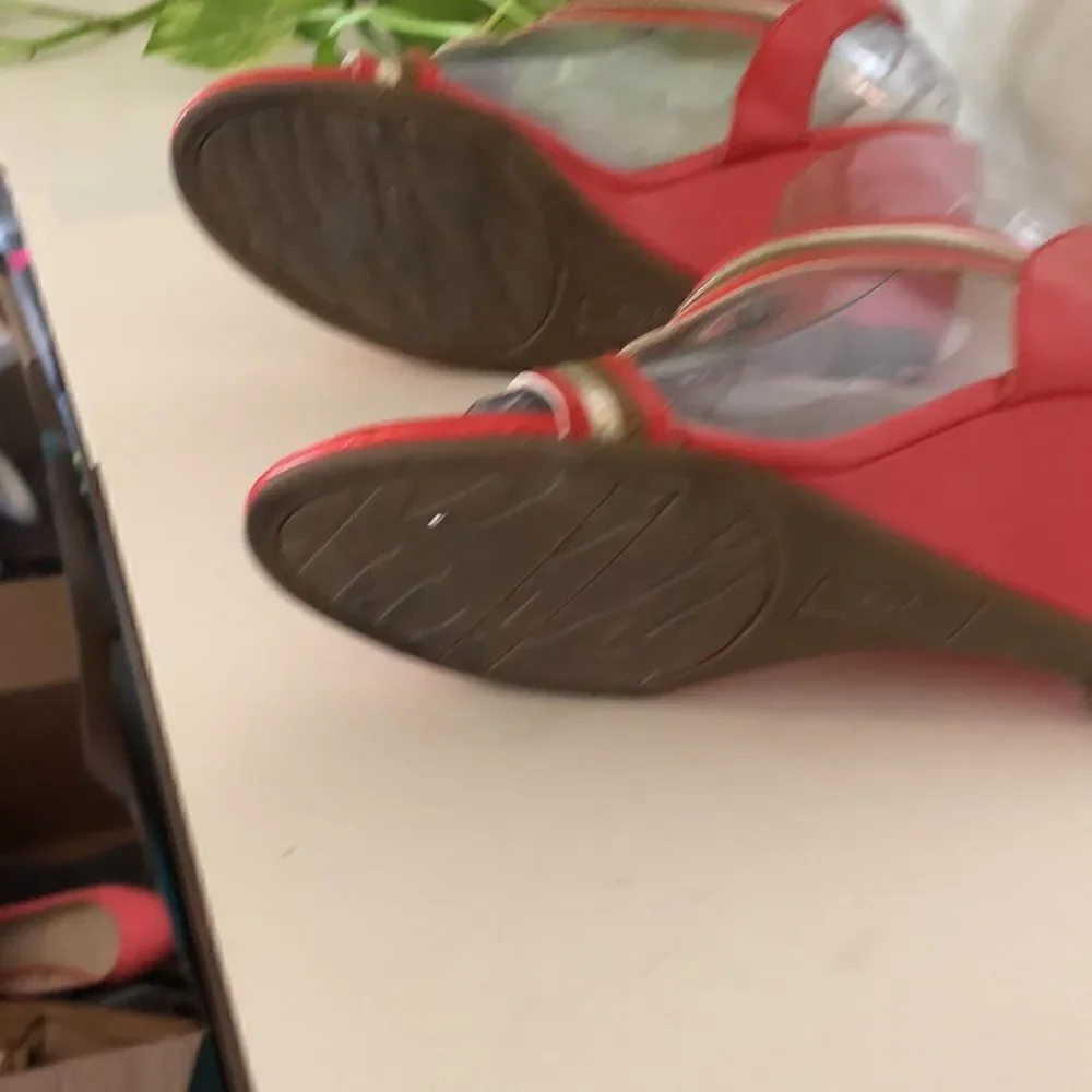 Unique Artsy AK Anne  Klein  Y2K Orange and Gold Wedge I flex Sandals size 6.5